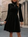 High Neck Shirred Detail Lantern Sleeve Dress