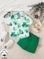 SHEIN 2pcs/Set Infant Boys' Casual Day Watercolor Four-Leaf Clover Pattern Printed Shirt With Collar And Shorts Outfit, Great For St. Patrick'S Day