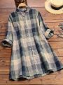 Plus Size Women's Plaid Roll-up Sleeve Shirt