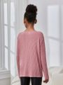 SHEIN Kids Cooltwn Girls' Fashionable Elegant Knitted Solid Color Crew Neck Long Sleeve Top