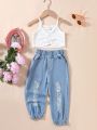 SHEIN Kids EVRYDAY Little Girls' Ribbed Bowknot Tank Top And Jeans Set