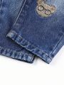 Baby Boy Casual Loose Fit Comfortable Straight Leg Jeans With Cute Bear Embroidery