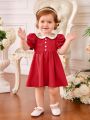 SHEIN Infant Girls' Contrast Color Floral Embroidery Peter Pan Collar Bubble Short Sleeve Dress