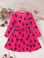 SHEIN Kids EVRYDAY Little Girls' Crew Neck Long Sleeve A-Line Dress With Heart Print And Cinched Waist For Spring And Autumn