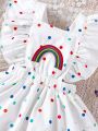 Baby Girls' Rainbow Embroidered Polka Dot Printed Dress With Ruffle Hem