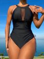 SHEIN Swim Classy Mesh Patchwork Ruched One-Piece Swimsuit