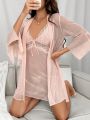 Contrast Lace Flounce Sleeve Belted Mesh Robe & Cami Nightdress