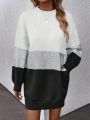 Women's Three-tone Spliced Round Neck Mid-length Sweater Dress