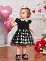 SHEIN Infant Girls' Casual Cute Doll Collar Plaid Mesh Short Sleeve Dress