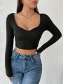 SHEIN PETITE Solid Color Long Sleeve Crop Top T-Shirt