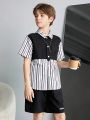 SHEIN Kids EVRYDAY Tween Boys' Striped Patchwork Vest Shirt And Shorts Set (2 In 1 Design)