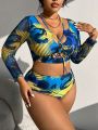 SHEIN Swim SXY Women'S Plus Size Printed Hollow Out Bandeau Bikini Set