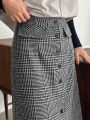 FRIFUL Women'S Houndstooth Checked Single Breasted A-Line Midi Skirt