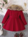 Little Girls' Wool Coat With Big Fur Collar, Hood, Waist Belt For Autumn/winter