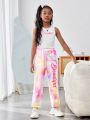 SHEIN Kids Cooltwn Tween Girls' Casual Street Style Sleeveless Knit Top With Round Neckline And Elastic Waist Jogger Pants