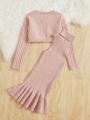 SHEIN Young Girl Cable Knit Sweater & Ruffle Hem Sweater Dress