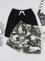 SHEIN Kids EVRYDAY Tween Boys' Loose Fit Casual Woven Camo & Solid Color Shorts 2pcs/set