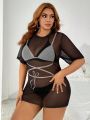 SHEIN Swim BAE Plus Size Women'S Sheer Mesh Short Sleeve Cover Up