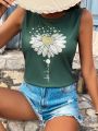 Women's Sunflower & Letter Print Round Neck Tank Top