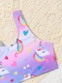 Baby Unicorn Print Bikini Swimsuit With Kimono