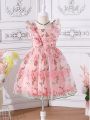 Young Girls' Elegant Floral Embroidery Mesh Dress With Ruffle Hem