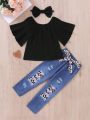 4pcs/Set Young Girls' Elegant One Shoulder Top With Ruffle Trim & Denim Shorts & Leopard Print Belt & Headband Summer Outfits