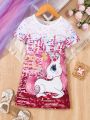 SHEIN Kids EVRYDAY Little Girls' Unicorn And Glitter Printed Dress