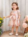 Baby Girls' Embroidered Floral Mesh Dress With Bow Decoration, Elegant & Romantic Party Dress For Festival