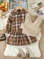 SHEIN Kids QTFun Girl'S Fake Tie Plaid Shirt Dress And V-Neck Vest Two-Piece Set