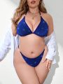 SHEIN Swim Chicsea Plus Size Glitter Bikini Set With Back Tie And Neck Halter