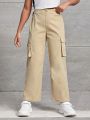 SHEIN Kids Cooltwn Tween Girl Flap Pocket Side Cargo Pants