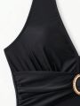 SHEIN Swim Chicsea Women'S Black V-Neck Ruched One Piece Swimsuit With Buckle Decor
