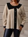 SHEIN LUNE Plus Size Color Block Button Decorated Top