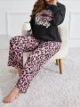 Plus Size Lip & Letter & Leopard Print Pajama Set