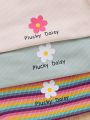 SHEIN Kids QTFun Tween Girls' Knitted Solid Color Flower Pattern Round Neck Slim Fit Cute T-Shirt 3pcs/Set