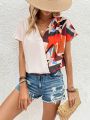 Printed Patchwork Wrap Blouse