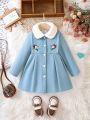 SHEIN Kids EVRYDAY Young Girl Floral Embroidery Borg Collar Fold Pleated Overcoat