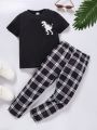 Boys' Casual Sports Dinosaur Print Round Neck Short-sleeved And Plaid Trousers Suit Spring And Summer