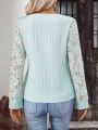 Women'S Lace Splice Notched Collar Blouse With Flounce Sleeve