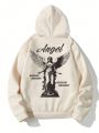 Extended Sizes Men Plus Slogan & Angel Print Kangaroo Pocket Drawstring Hoodie