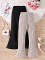 SHEIN Kids EVRYDAY Tween Girl 2pcs/Set Casual Knitted Flare Pants Outfit