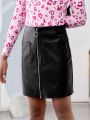 SHEIN Kids Cooltwn Big Girls' Casual Street Style Pu Leather Midi Skirt With Zipper Design