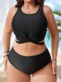 SHEIN Swim Basics Plus Size Women'S Cross-Tie Swimsuit Top