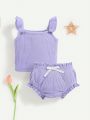 SHEIN Baby Girl Ruffle Cami  Top Contrasting Color Bow Casual Shorts Two-Piece Set