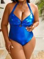 SHEIN Swim Chicsea Plus Size Women'S One-Piece Swimsuit With Metalic Fabric And Neck Strap