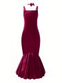 Teen Girl Mermaid Hem Velvet Cami Dress With Choker