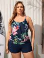 SHEIN Swim SPRTY Plus Size Tropical Print Vest Top And Shorts Tankini Swimsuit Set