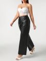 Sara Cennamo Plus Zip Fly Flap Detail PU Leather Wide Leg Pants