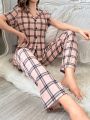 Women's Plaid Short Sleeves Button-front Pajama Set