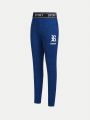 SHEIN Boys' Letter Web Tight Sports Knitted Trousers Sportswear